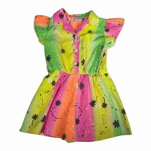 Vintage 80s Sundress Yellow Pink Orange Romper Palm Trees Made In USA Girls 6x